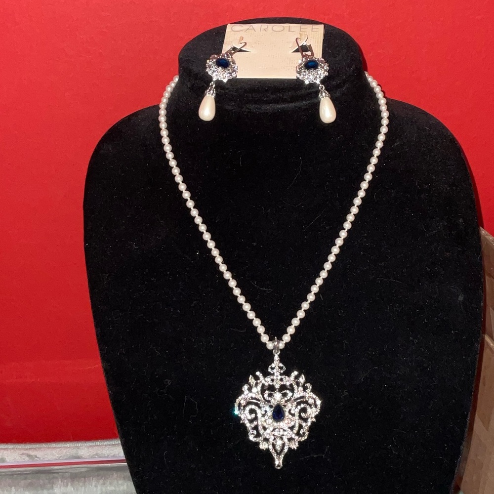 Carolee White Pearl Necklace with Blue Crystal Pendant and Matching Earrings